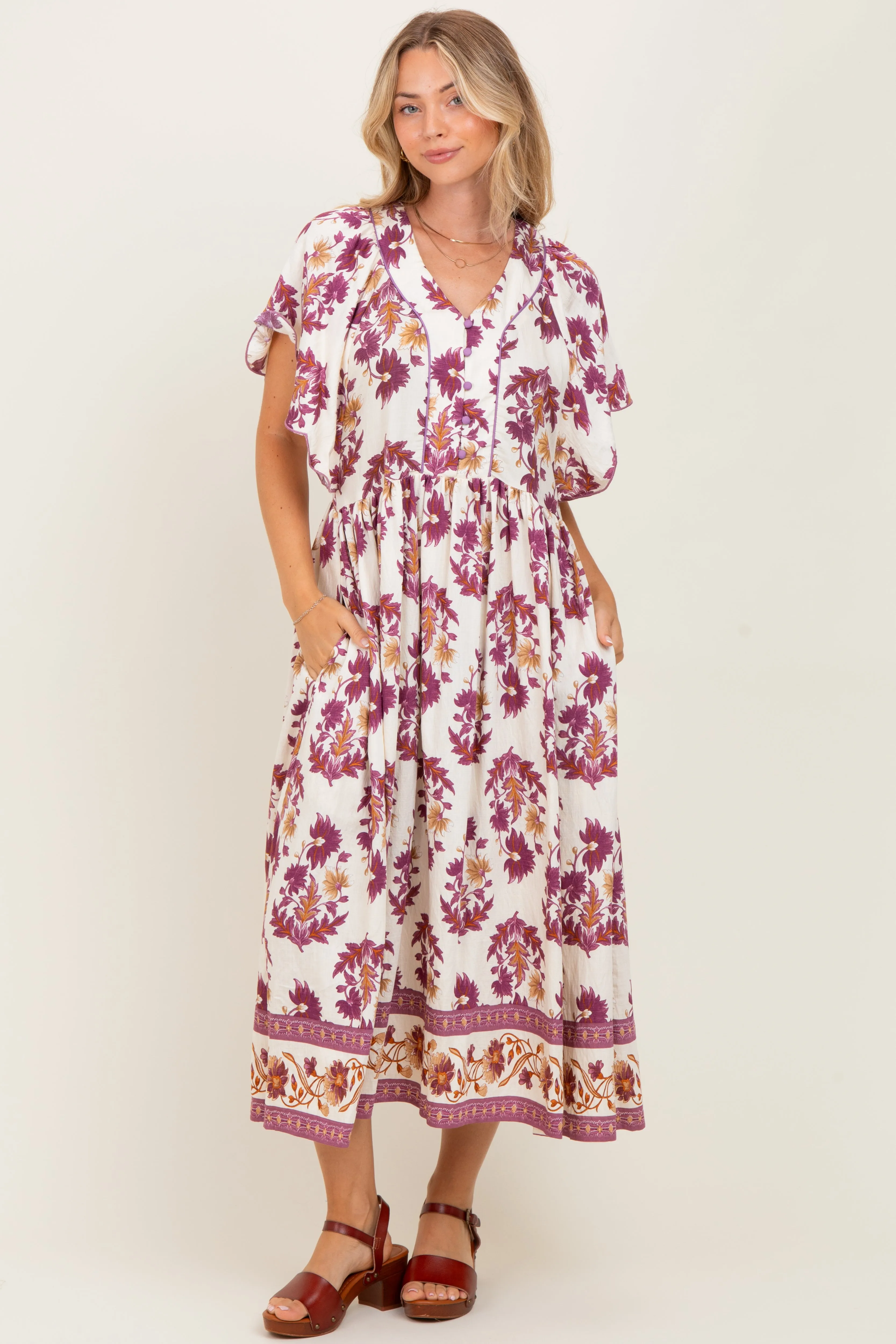 Plum Floral V-Neck Button Detail Maternity Mid Dress sold by Pinkblush product image thumbnail 5