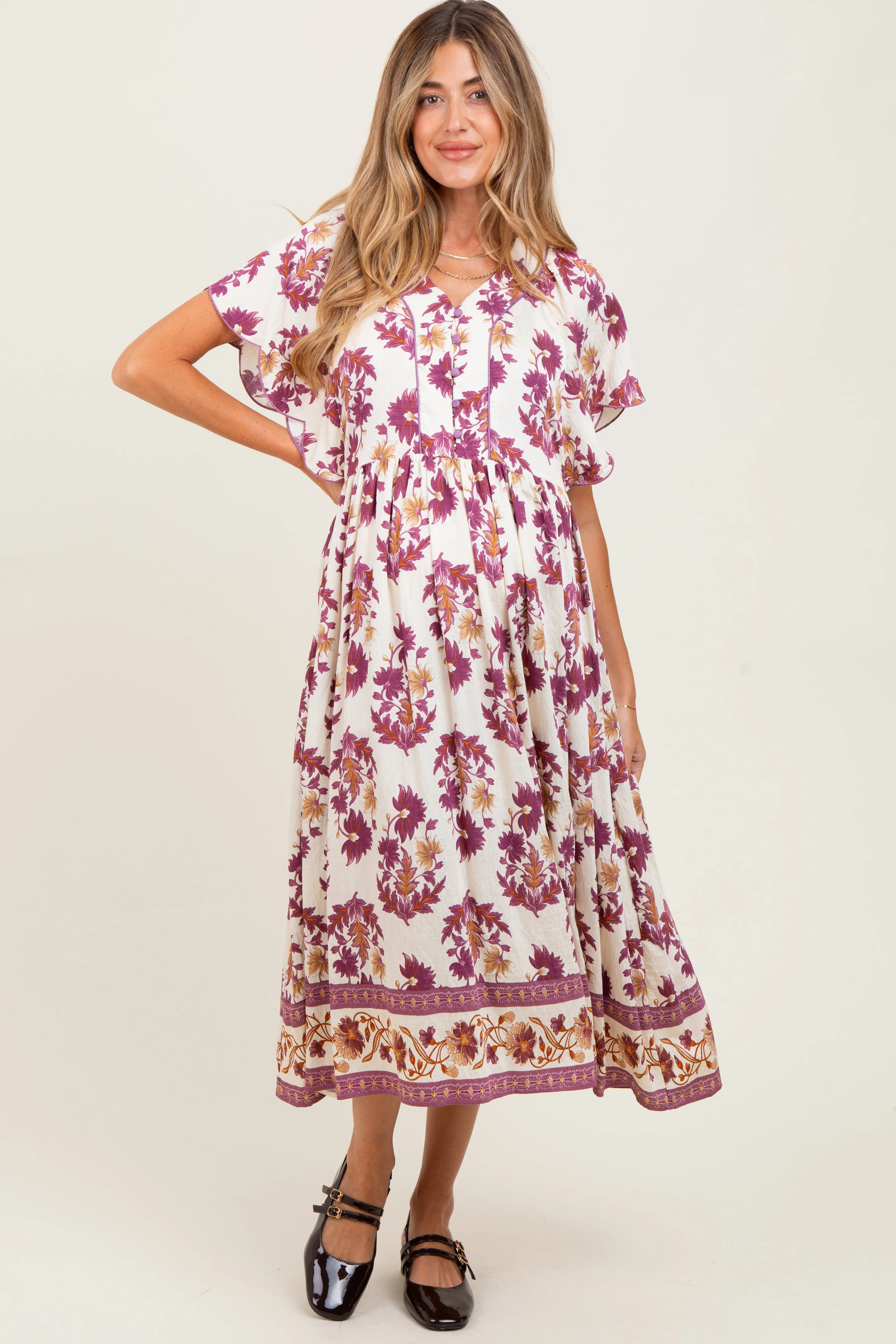 Plum Floral V-Neck Button Detail Maternity Mid Dress sold by Pinkblush product image thumbnail 2