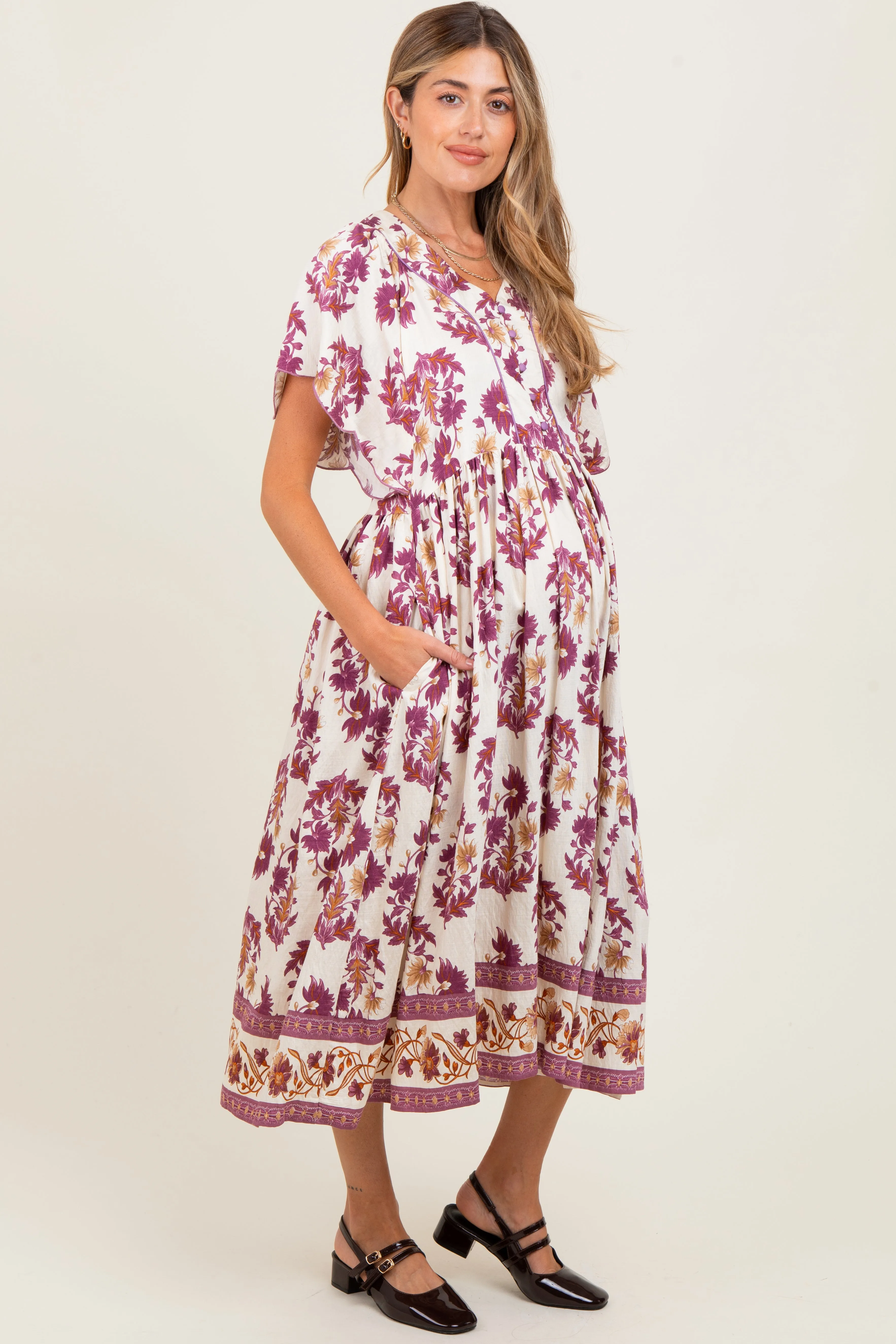 Plum Floral V-Neck Button Detail Maternity Mid Dress sold by Pinkblush product image thumbnail 3