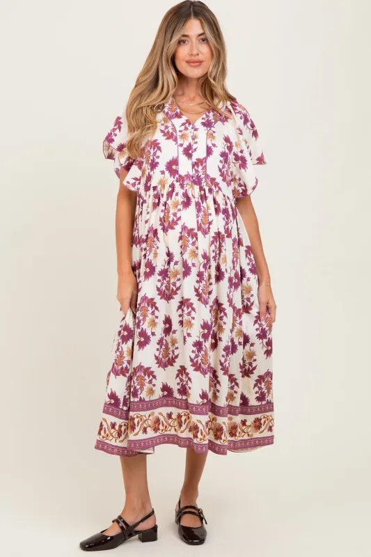 Plum Floral V-Neck Button Detail Maternity Mid Dress sold by Pinkblush