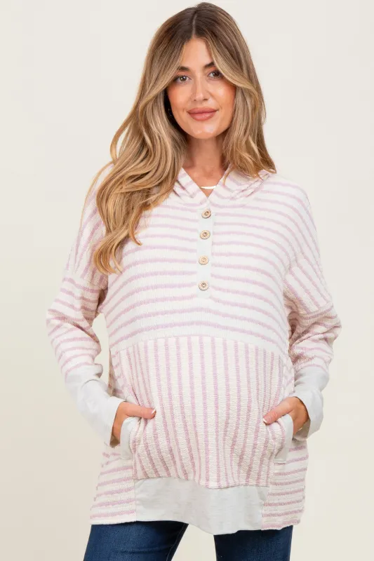 Light Pink Textured Stripe Button Up Maternity Hoodie sold by Pinkblush