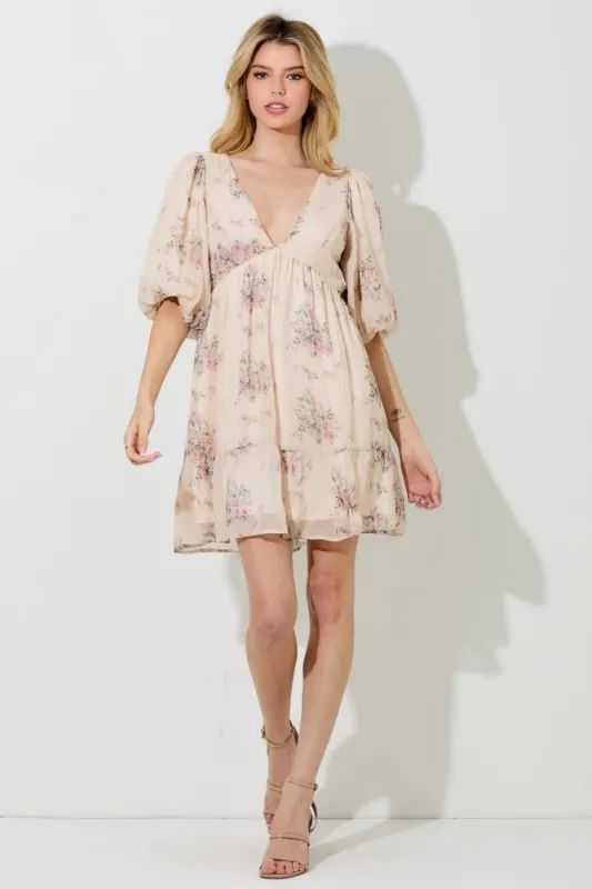 Cream Floral Striped V-Neck Cutout Mini Dress sold by Pinkblush