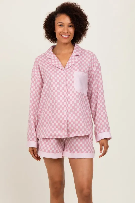 Mauve Checkered Print Pajama Shorts Set sold by Pinkblush