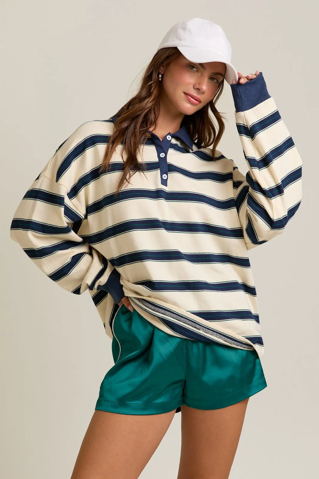Cream Striped Oversized Long Sleeve Polo Top sold by Pinkblush product image thumbnail 2
