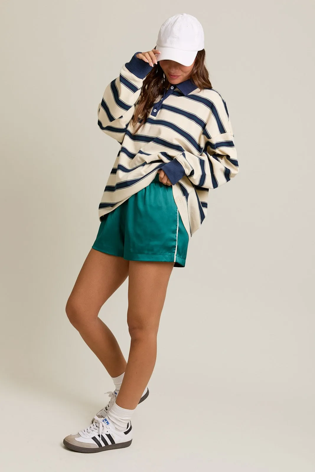 Cream Striped Oversized Long Sleeve Polo Top sold by Pinkblush product image thumbnail 5