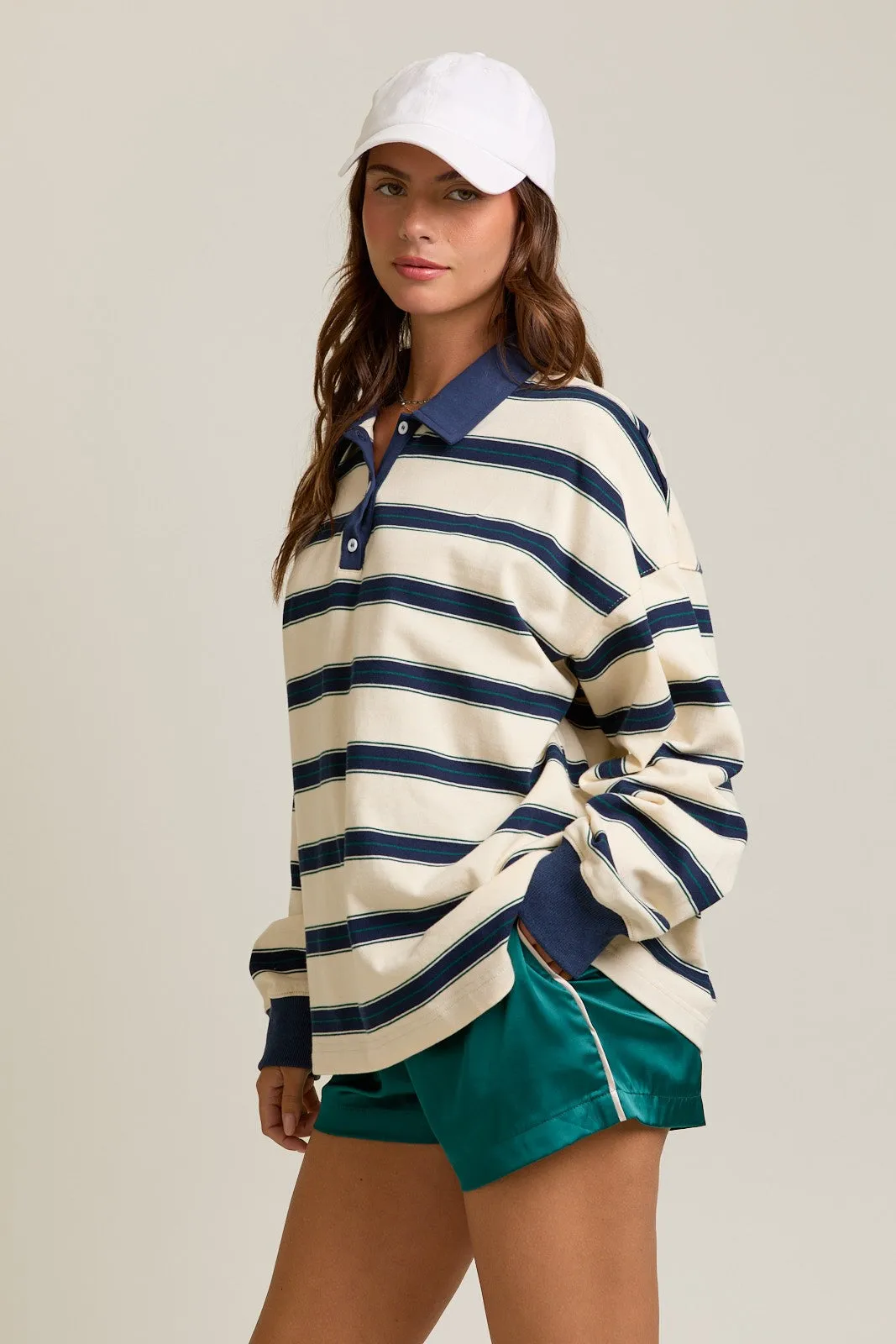 Cream Striped Oversized Long Sleeve Polo Top sold by Pinkblush product image thumbnail 3