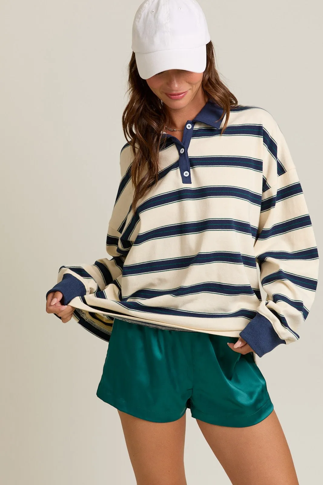 Cream Striped Oversized Long Sleeve Polo Top sold by Pinkblush