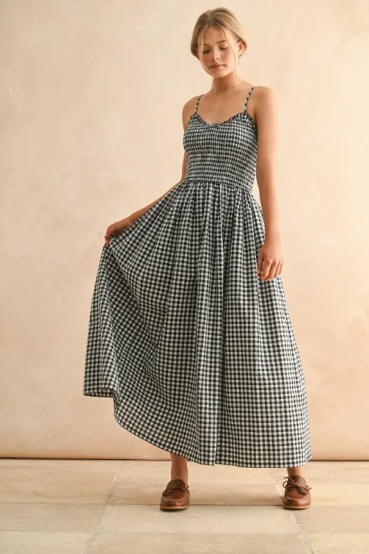 Black Gingham Smocked Ruffle Accent Maxi Dress sold by Pinkblush