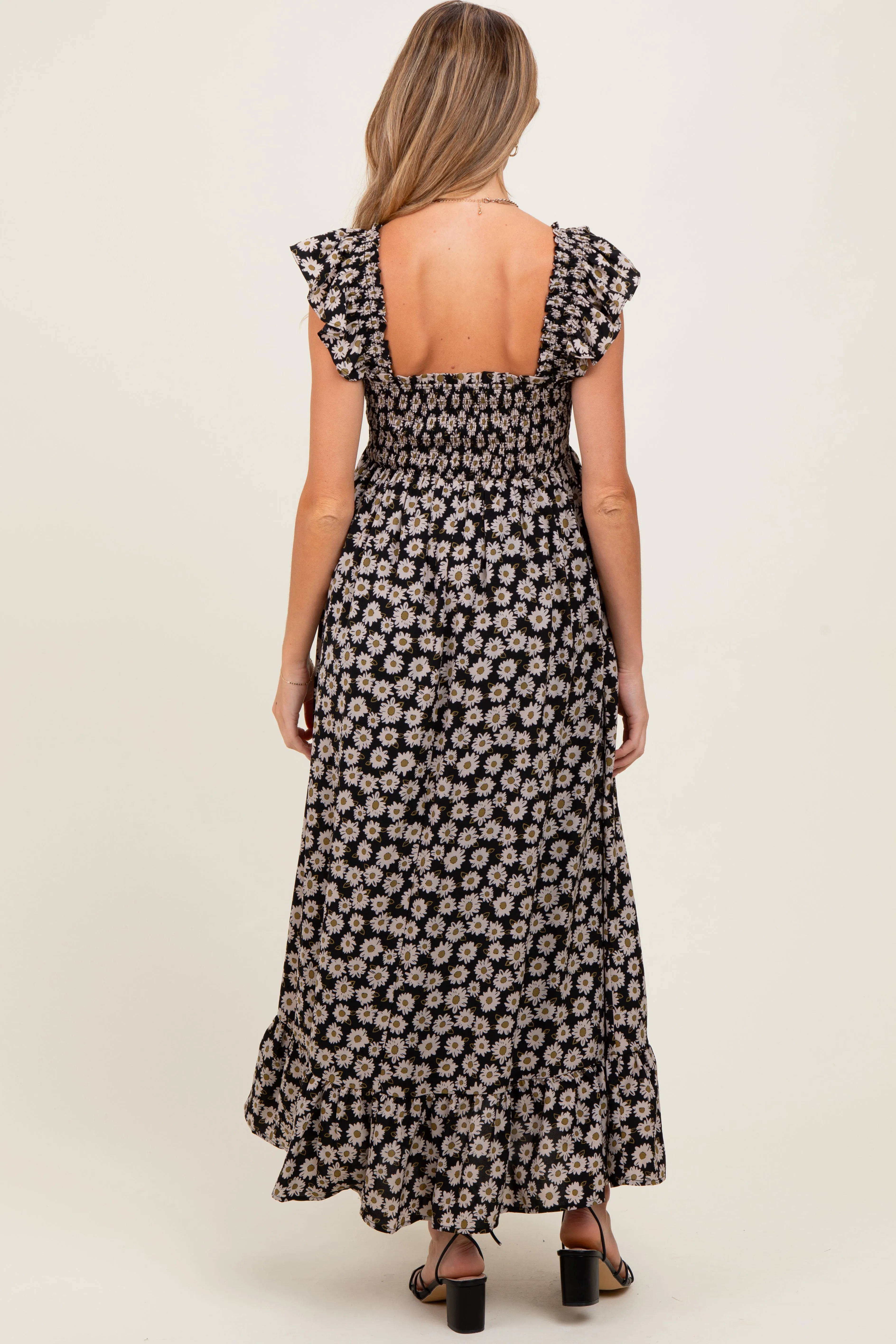 Black Floral Smocked Maternity Midi Dress sold by Pinkblush product image thumbnail 4