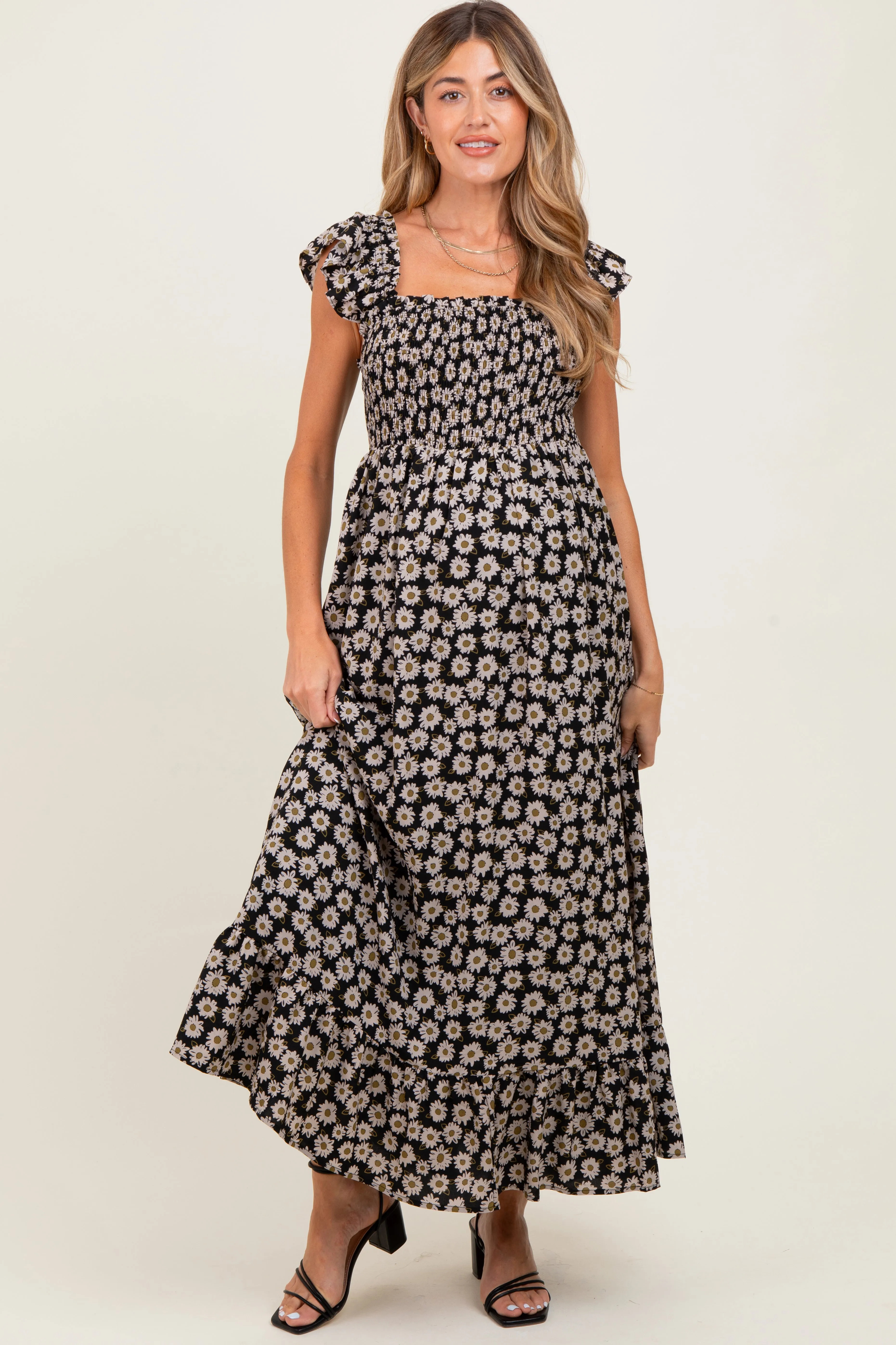Black Floral Smocked Maternity Midi Dress sold by Pinkblush