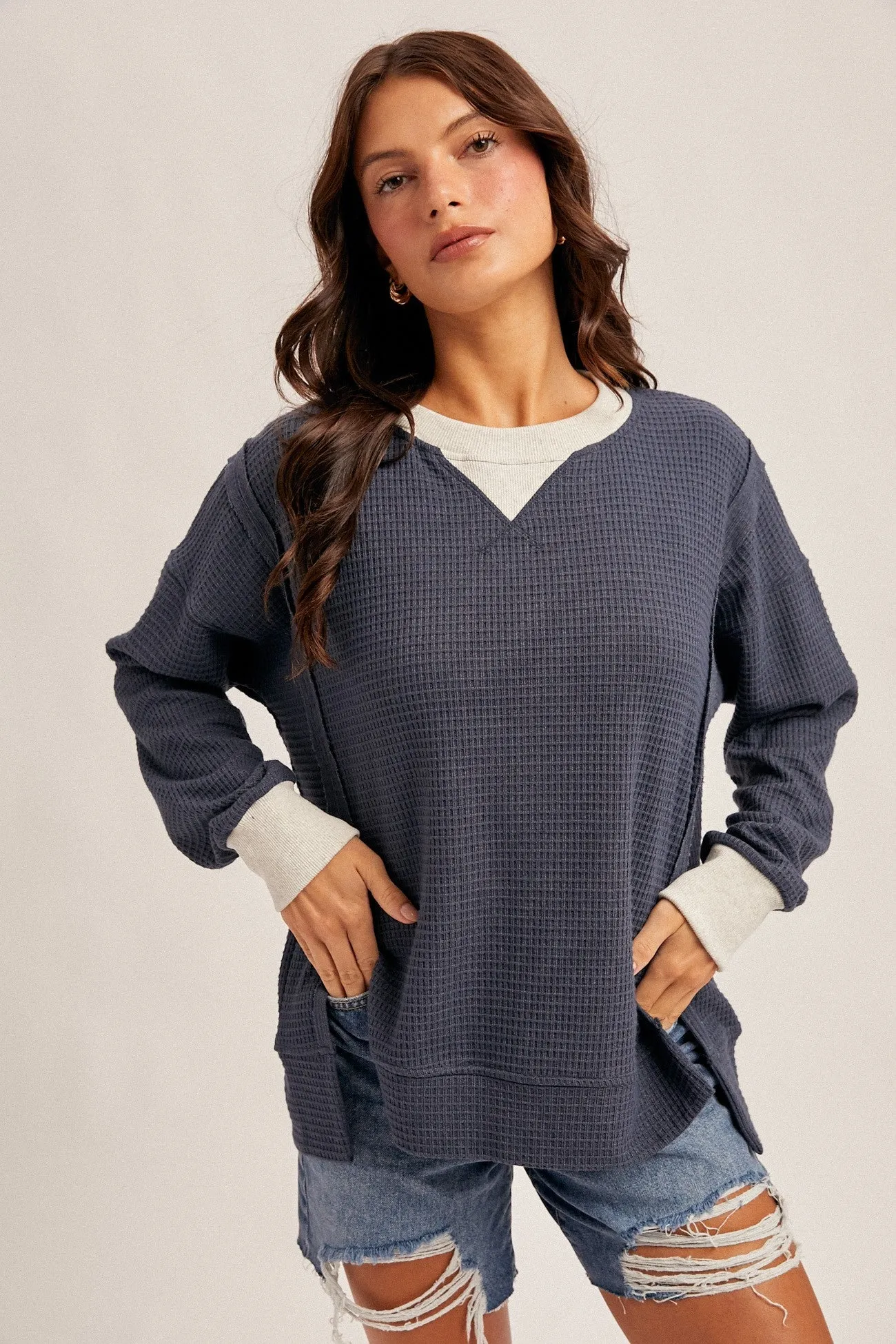 Navy Oversized Contrast Trim Thermal Pullover sold by Pinkblush