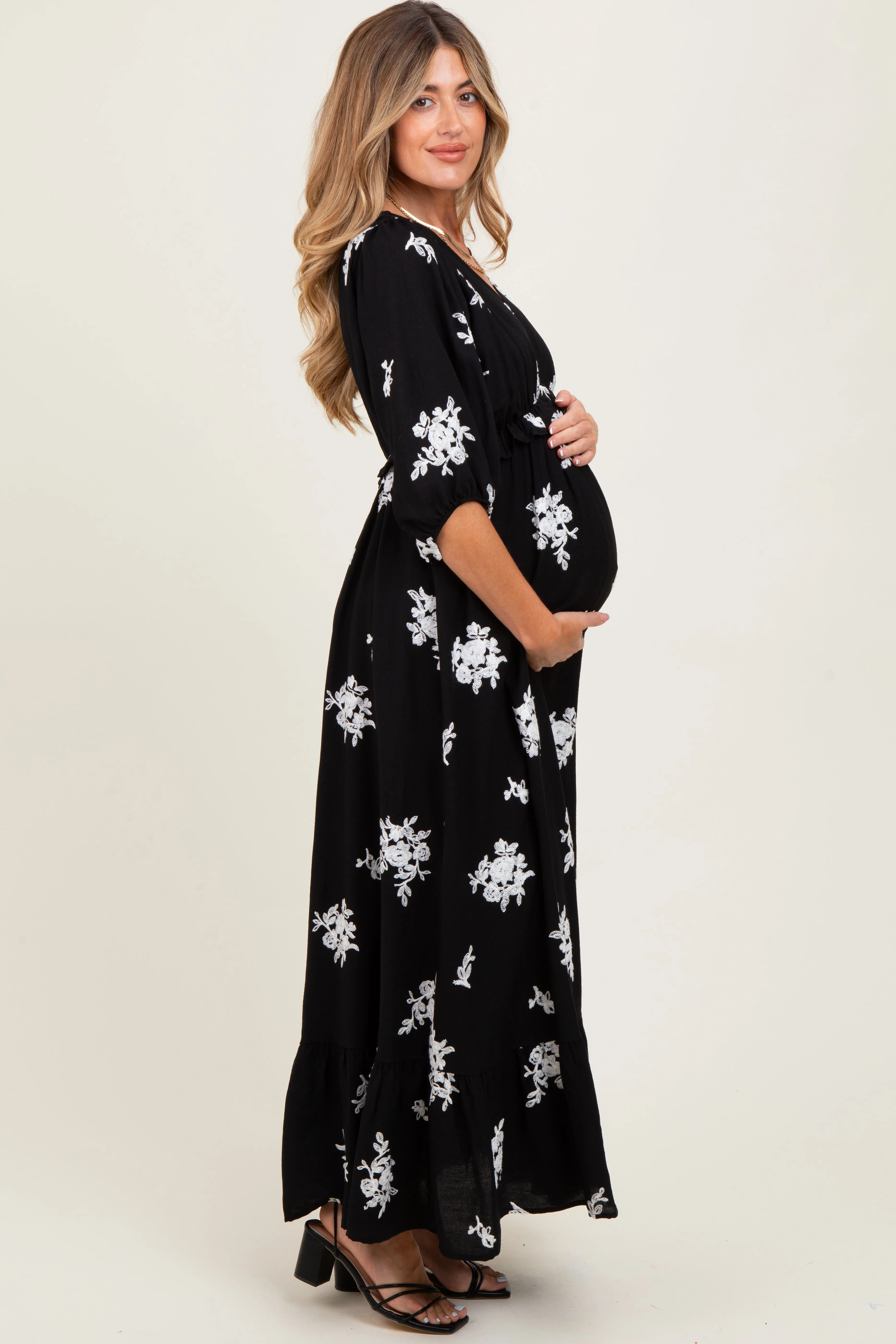 Black Vintage Floral Embroidered V-Neck 3/4 Sleeve Maternity Maxi Dress sold by Pinkblush product image thumbnail 3