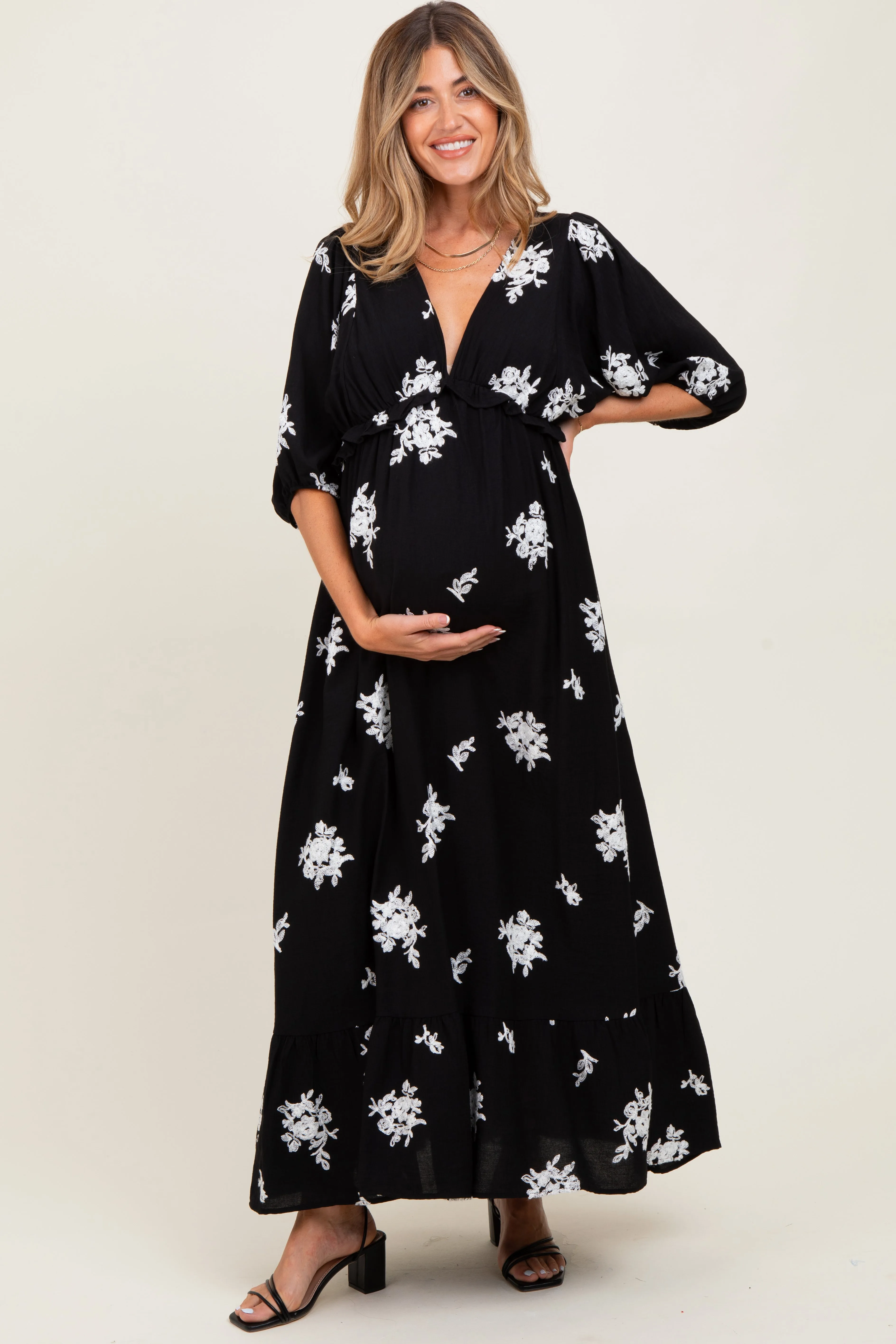 Black Vintage Floral Embroidered V-Neck 3/4 Sleeve Maternity Maxi Dress sold by Pinkblush