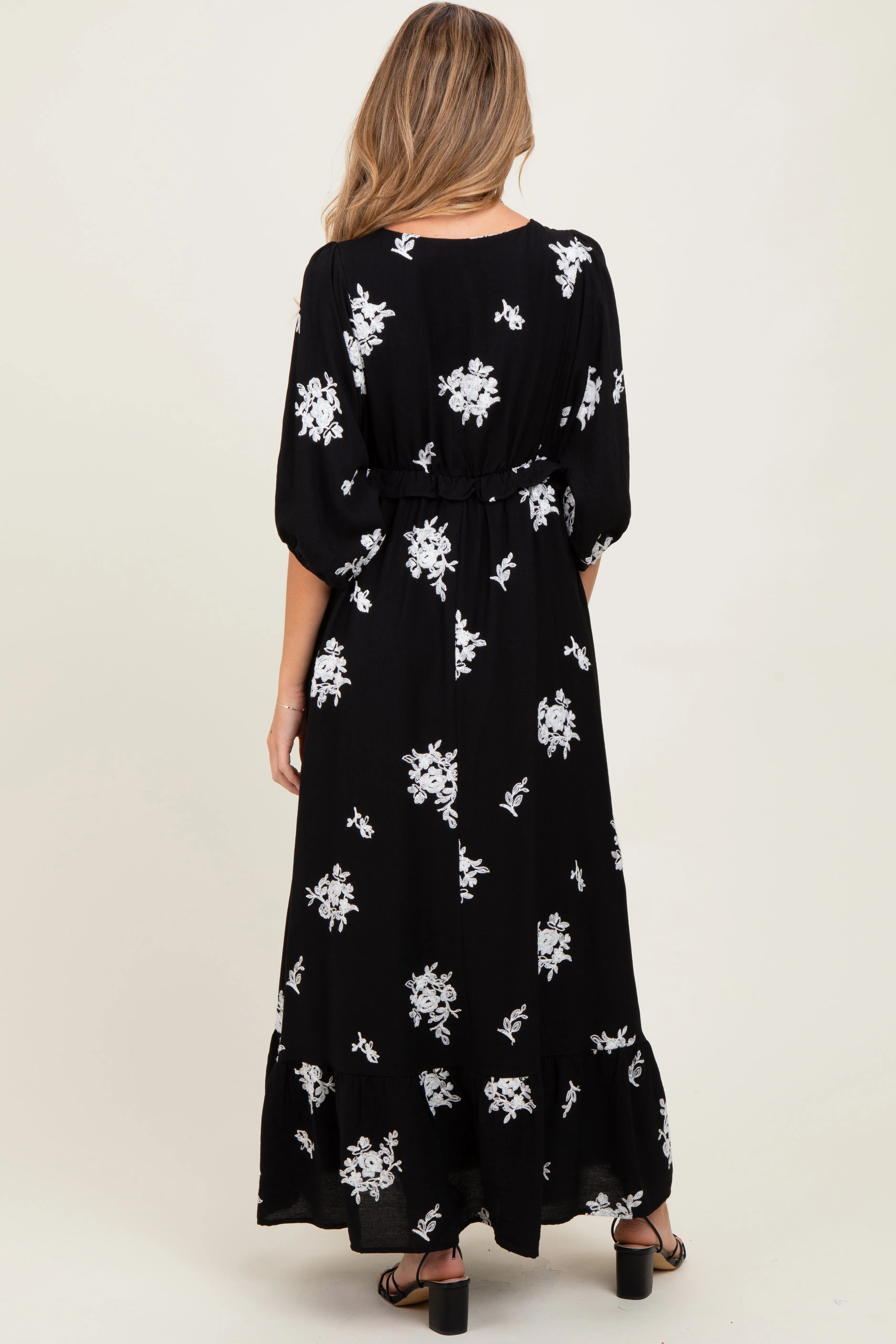 Black Vintage Floral Embroidered V-Neck 3/4 Sleeve Maternity Maxi Dress sold by Pinkblush product image thumbnail 4