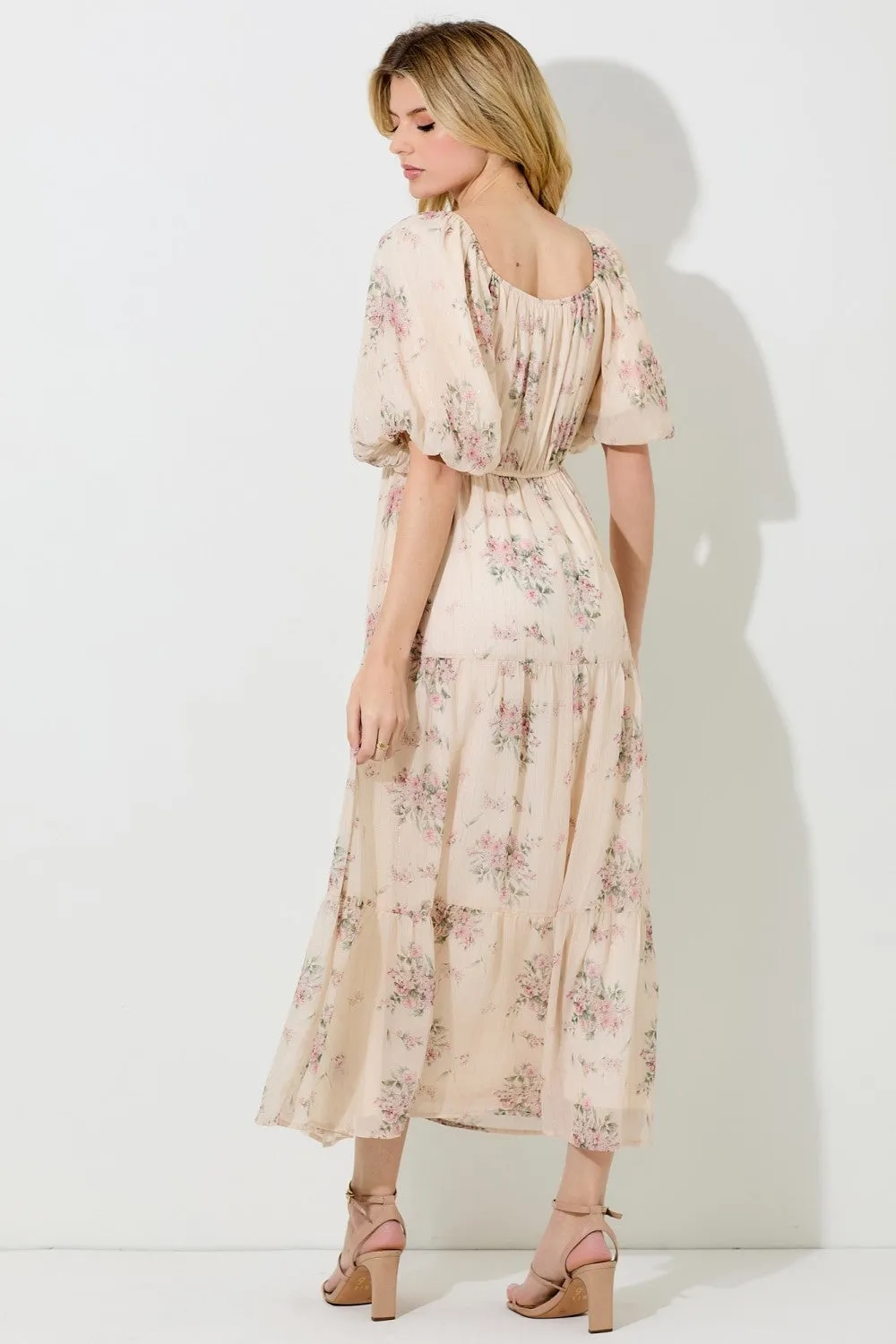 Cream Floral Striped Puff Sleeve Midi Dress sold by Pinkblush product image thumbnail 3