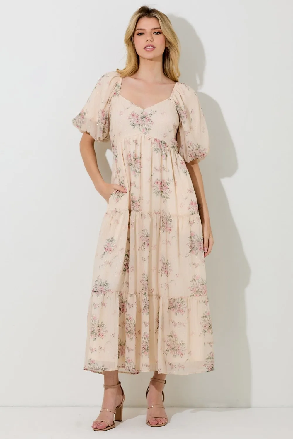 Cream Floral Striped Puff Sleeve Midi Dress sold by Pinkblush