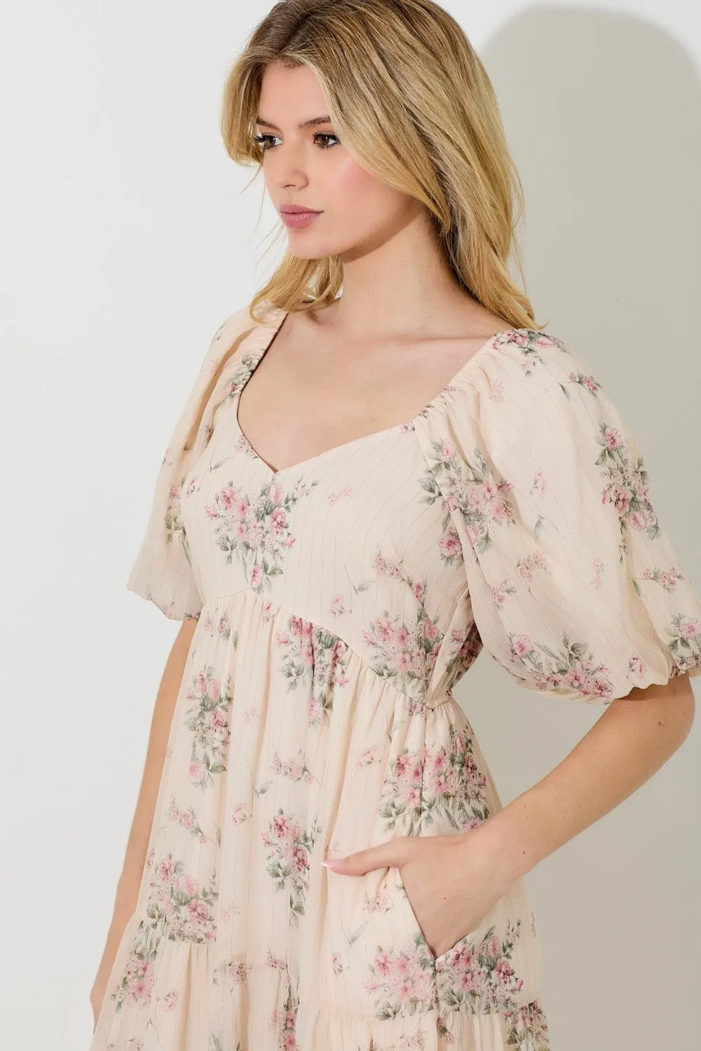 Cream Floral Striped Puff Sleeve Midi Dress sold by Pinkblush product image thumbnail 4