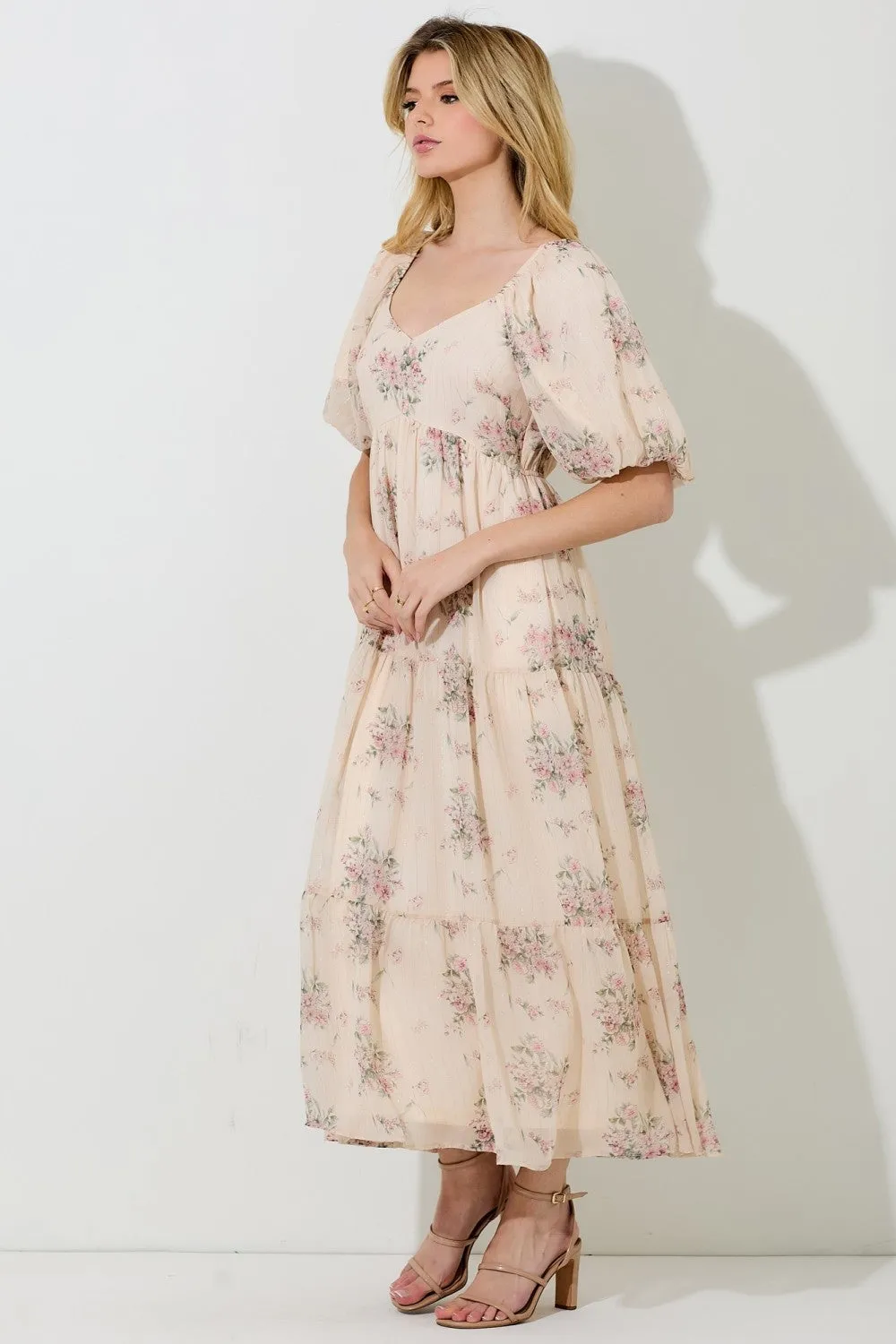 Cream Floral Striped Puff Sleeve Midi Dress sold by Pinkblush product image thumbnail 2