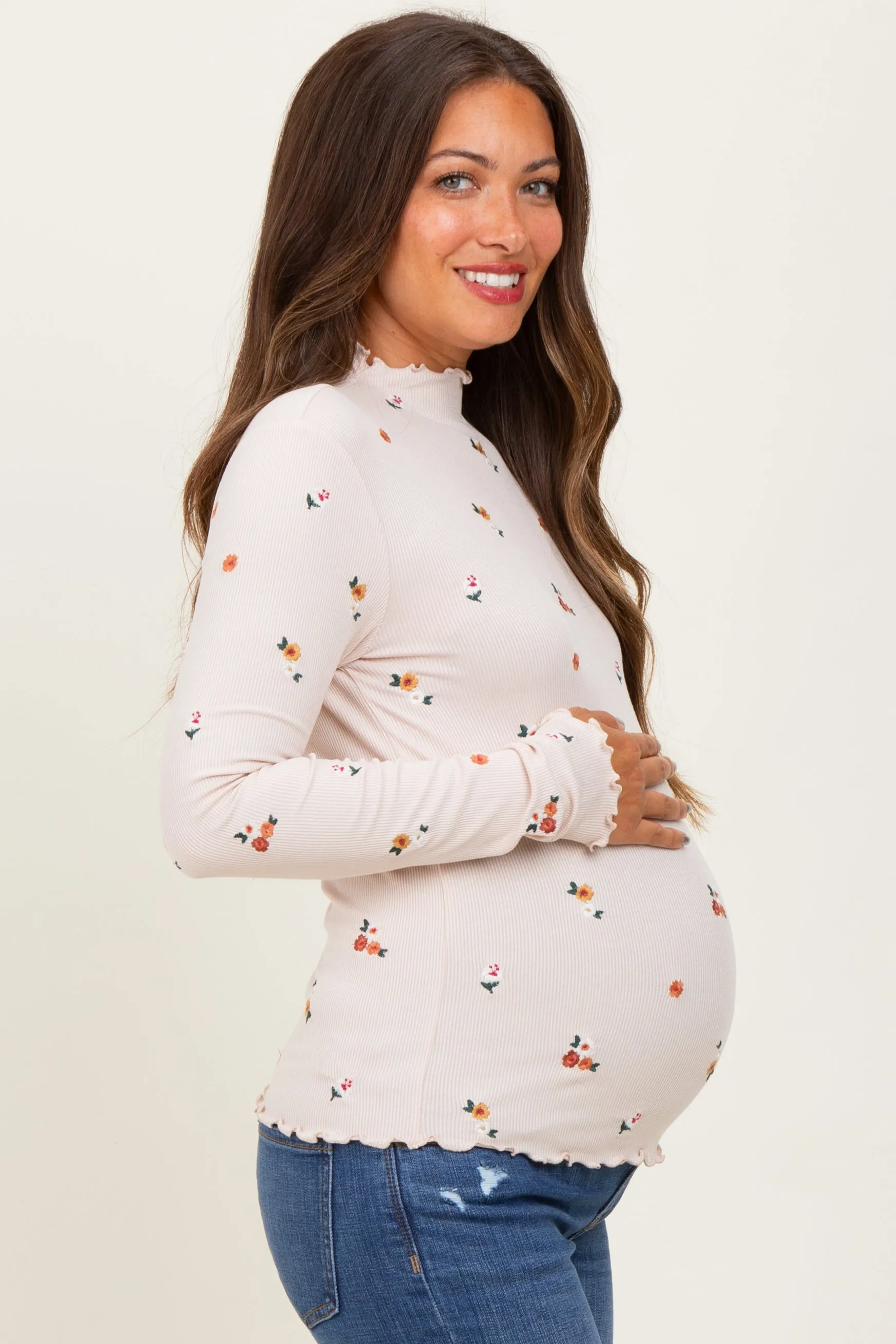 Ecru Knit Embroidered Floral Ruffle Hem Maternity Top sold by Pinkblush product image thumbnail 3