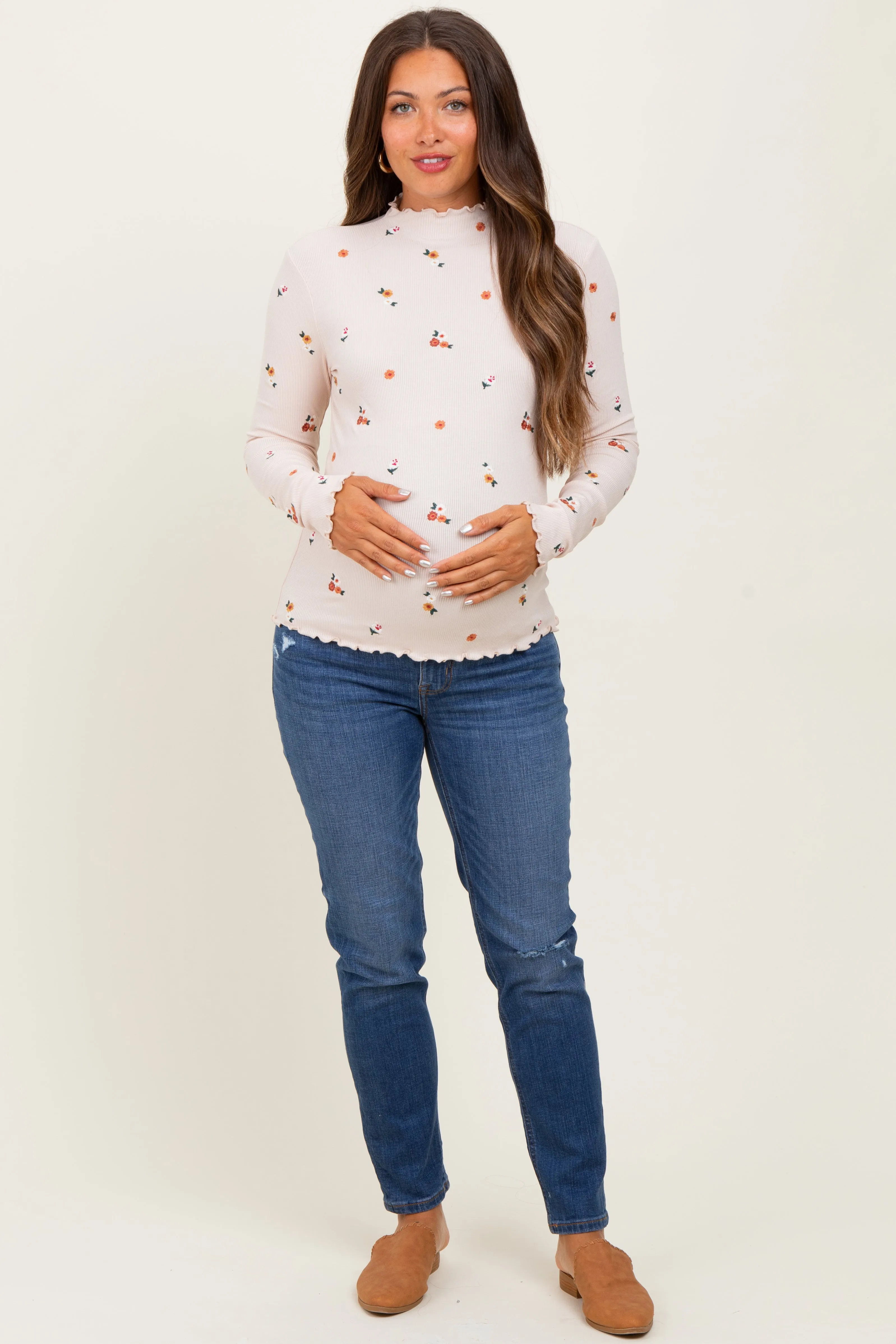 Ecru Knit Embroidered Floral Ruffle Hem Maternity Top sold by Pinkblush product image thumbnail 2