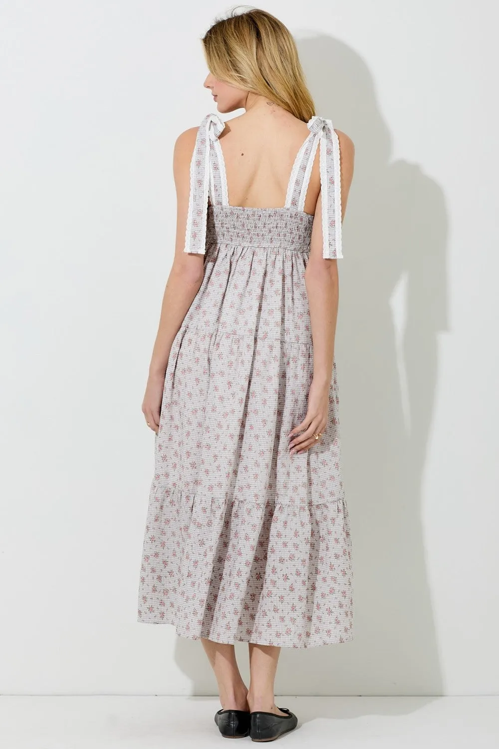 Light Taupe Floral Gingham Shoulder Tie Midi Dress sold by Pinkblush product image thumbnail 3