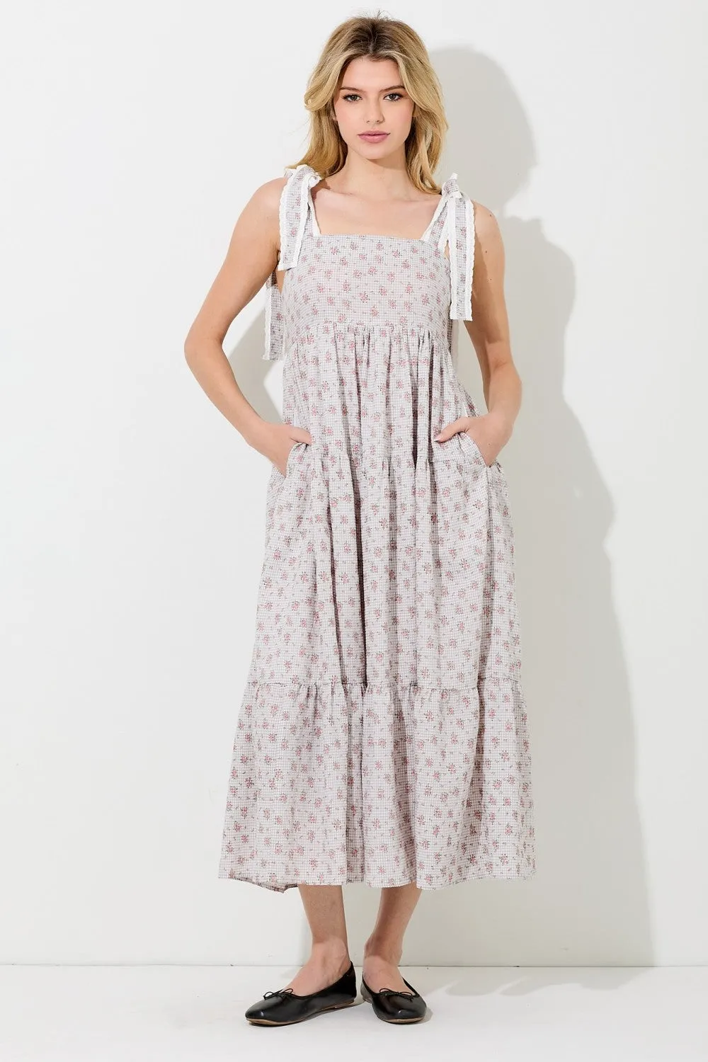 Light Taupe Floral Gingham Shoulder Tie Midi Dress sold by Pinkblush