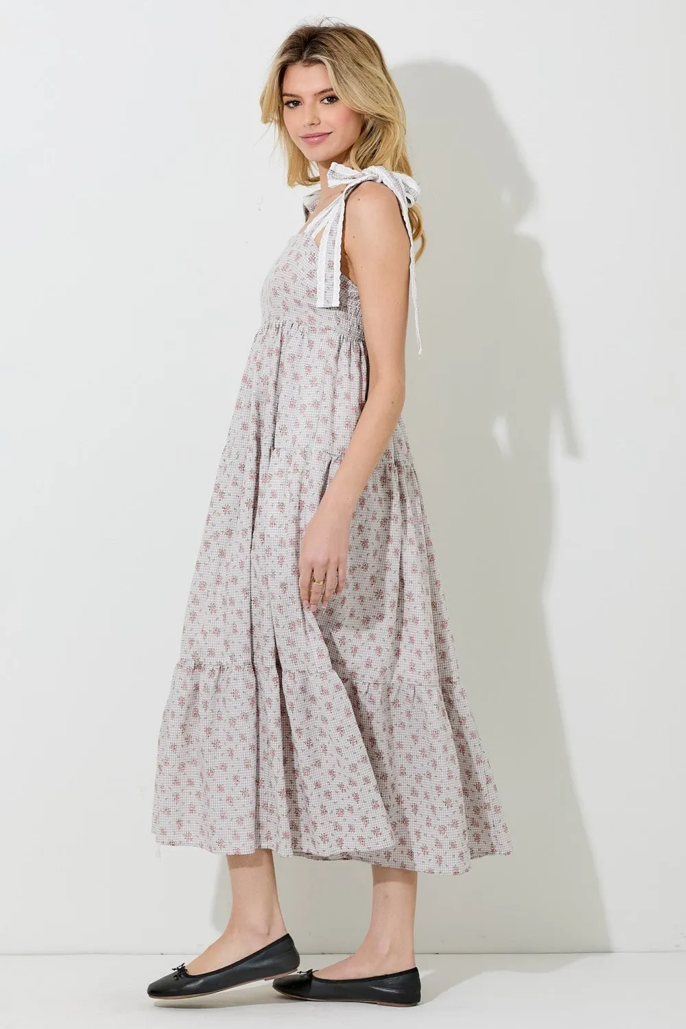 Light Taupe Floral Gingham Shoulder Tie Midi Dress sold by Pinkblush product image thumbnail 2