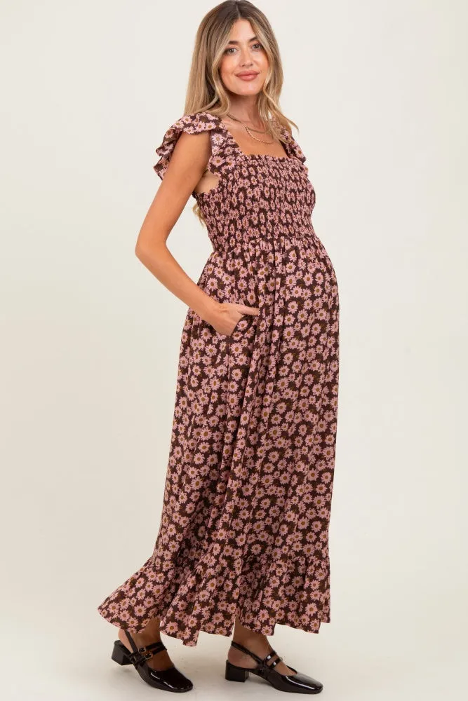 Brown Floral Smocked Maternity Midi Dress sold by Pinkblush product image thumbnail 2