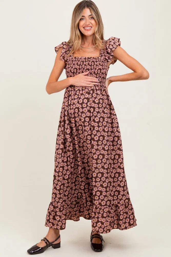 Brown Floral Smocked Maternity Midi Dress sold by Pinkblush