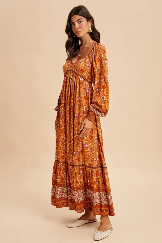 Orange Floral Border Print Long Sleeve Maxi Dress sold by Pinkblush product image thumbnail 4