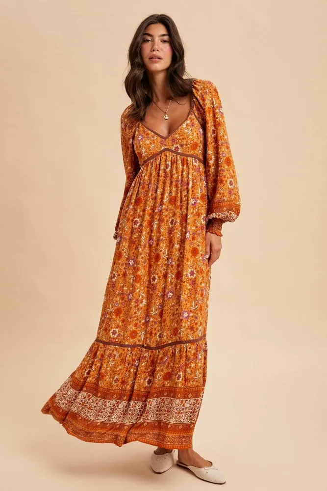 Orange Floral Border Print Long Sleeve Maxi Dress sold by Pinkblush