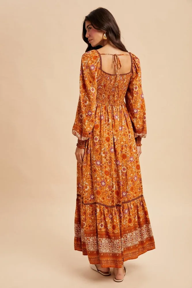 Orange Floral Border Print Long Sleeve Maxi Dress sold by Pinkblush product image thumbnail 5