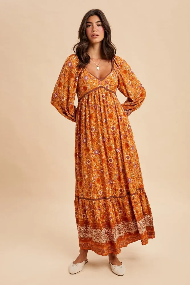 Orange Floral Border Print Long Sleeve Maxi Dress sold by Pinkblush product image thumbnail 2
