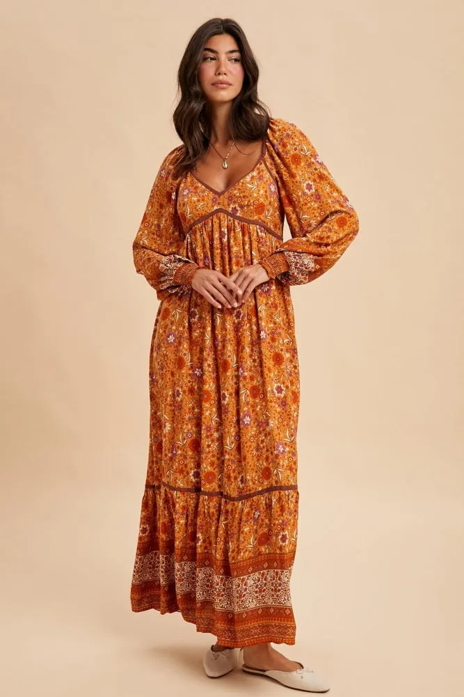 Orange Floral Border Print Long Sleeve Maxi Dress sold by Pinkblush product image thumbnail 3