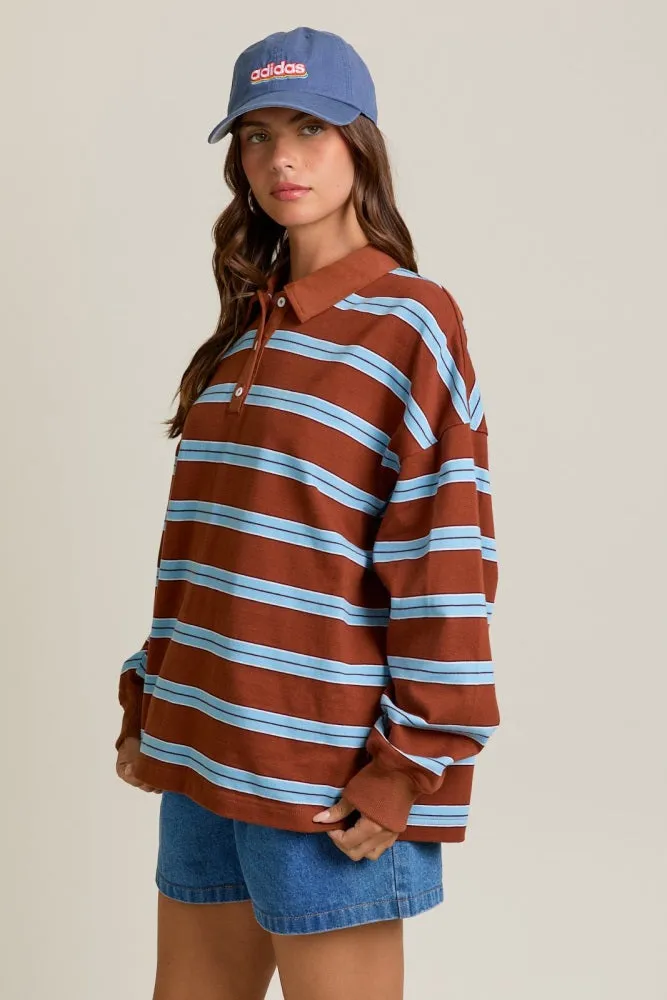 Brown Striped Oversized Long Sleeve Polo Top sold by Pinkblush product image thumbnail 3