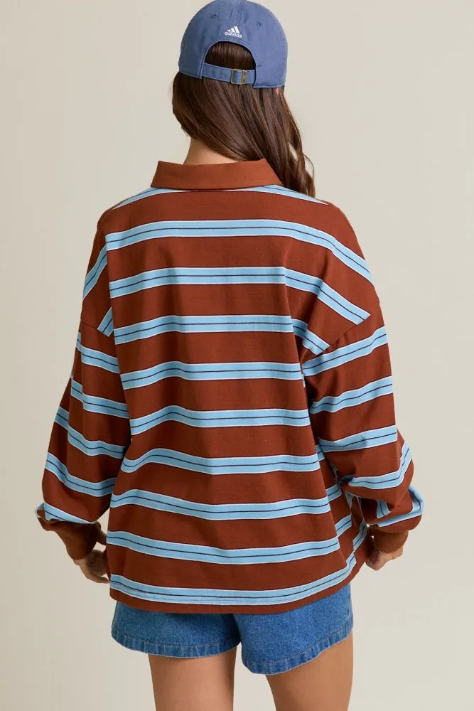 Brown Striped Oversized Long Sleeve Polo Top sold by Pinkblush product image thumbnail 4