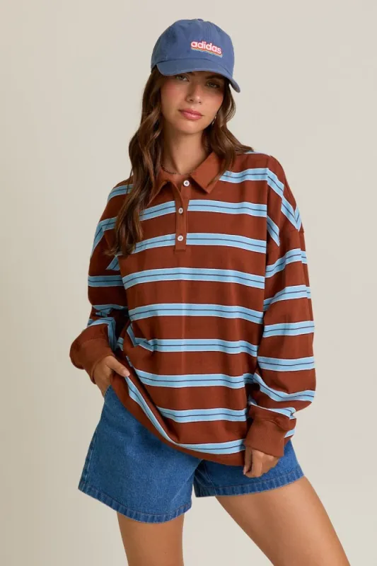 Brown Striped Oversized Long Sleeve Polo Top sold by Pinkblush