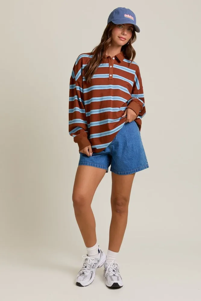 Brown Striped Oversized Long Sleeve Polo Top sold by Pinkblush product image thumbnail 5