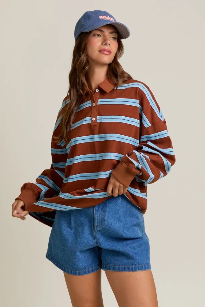 Brown Striped Oversized Long Sleeve Polo Top sold by Pinkblush product image thumbnail 2