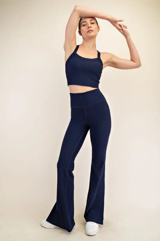 Navy Ribbed Split Flare Leggings sold by Pinkblush