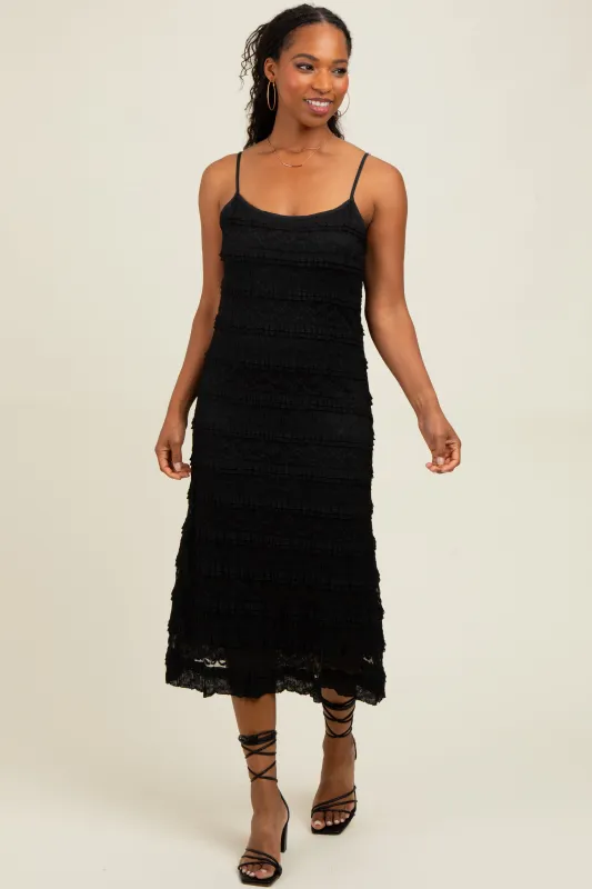 Black Lace Ruffle Trim Tiered Midi Dress sold by Pinkblush