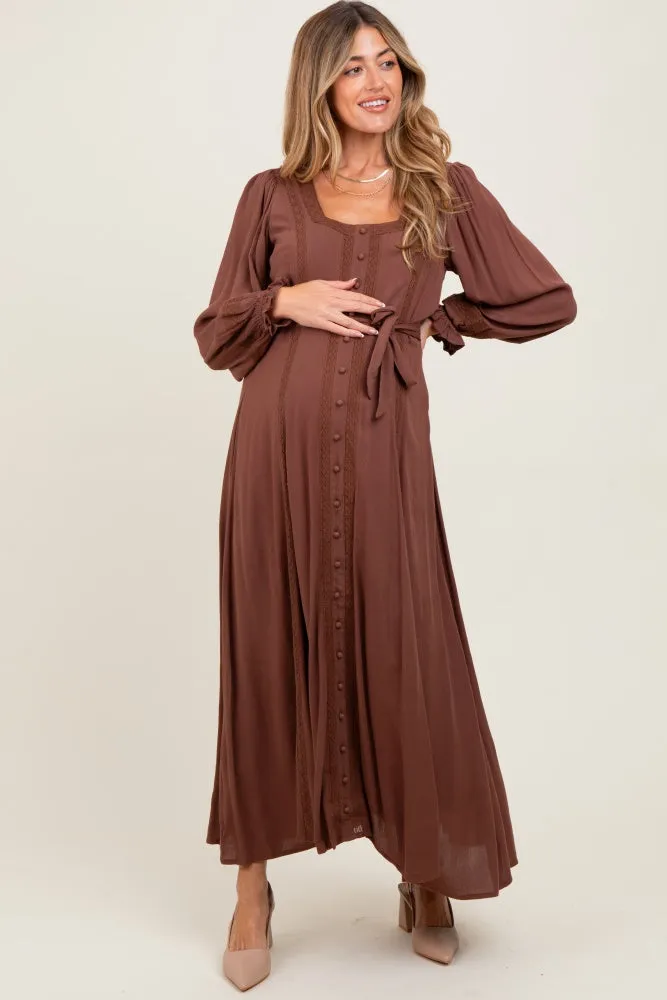 Brown Lace Detail Button Down Maternity Maxi Dress sold by Pinkblush