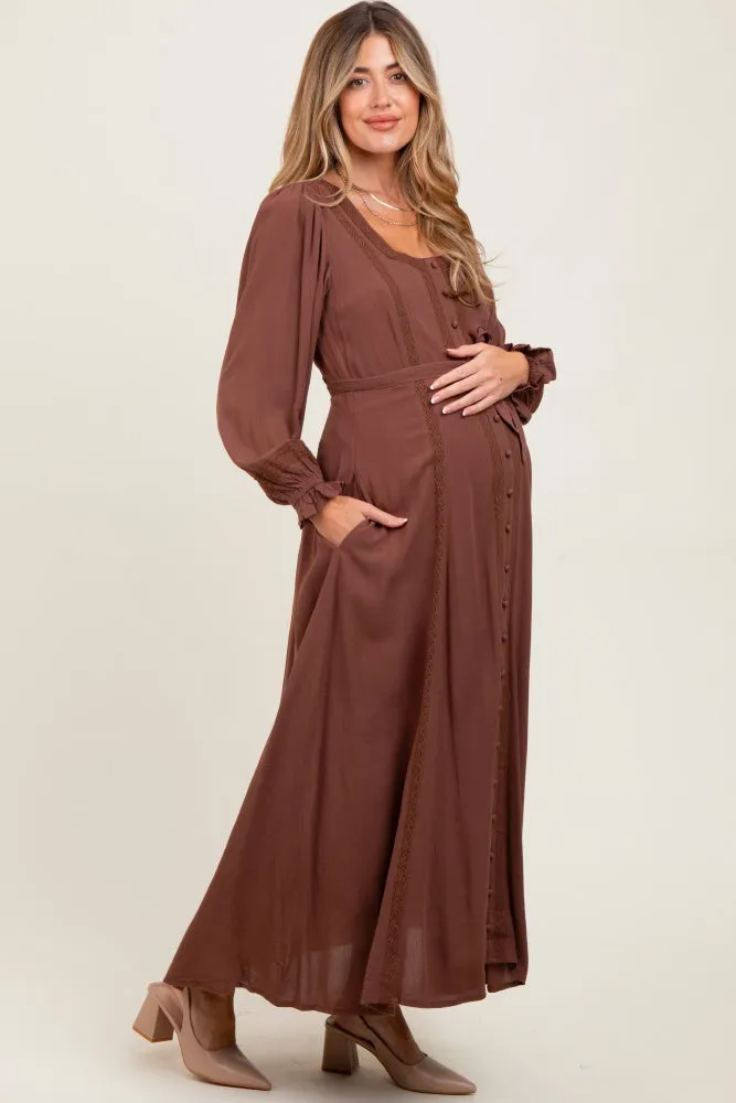 Brown Lace Detail Button Down Maternity Maxi Dress sold by Pinkblush product image thumbnail 3