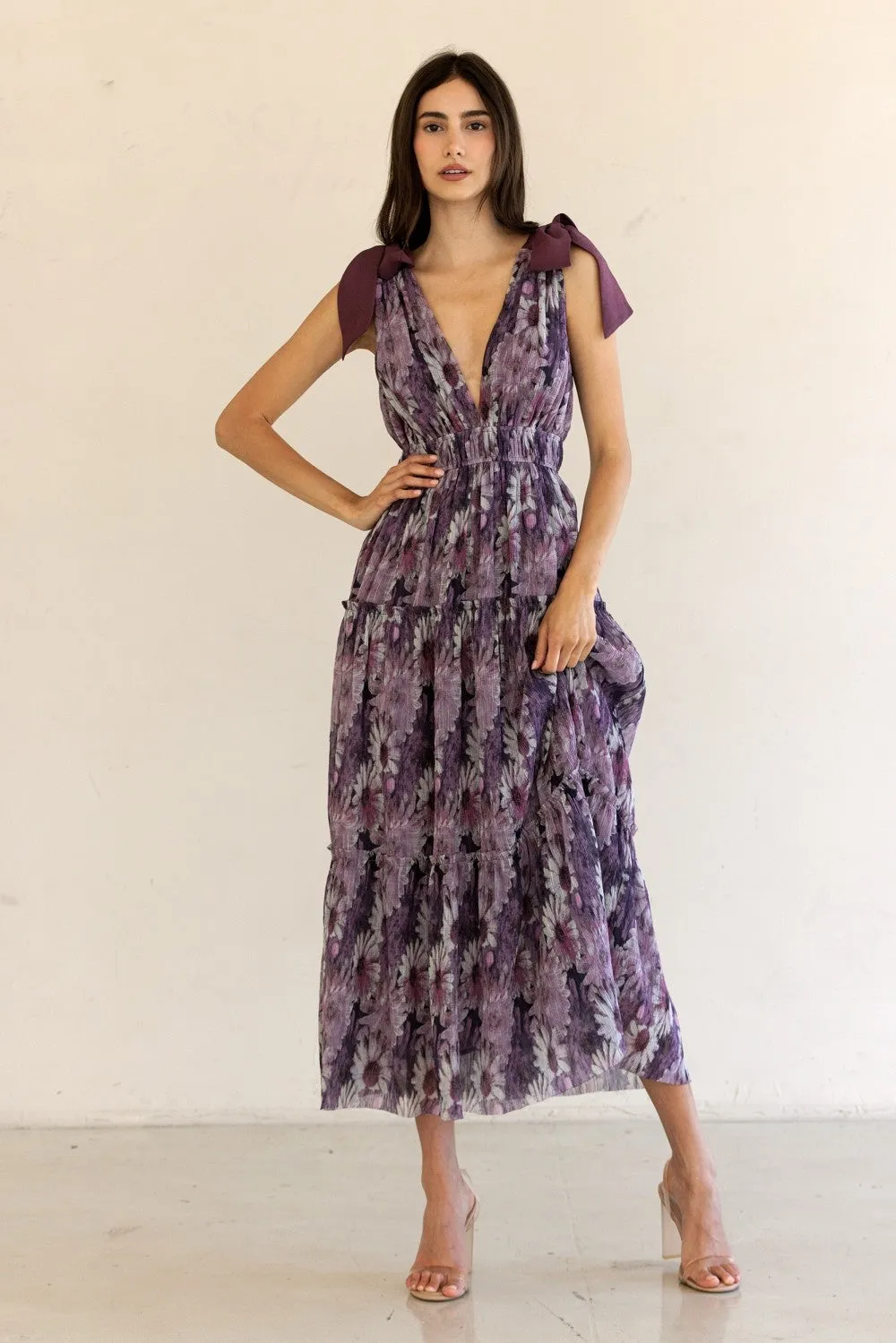 Purple Floral Mesh Deep V-Neck Shoulder Tie Maxi Dress sold by Pinkblush product image thumbnail 2