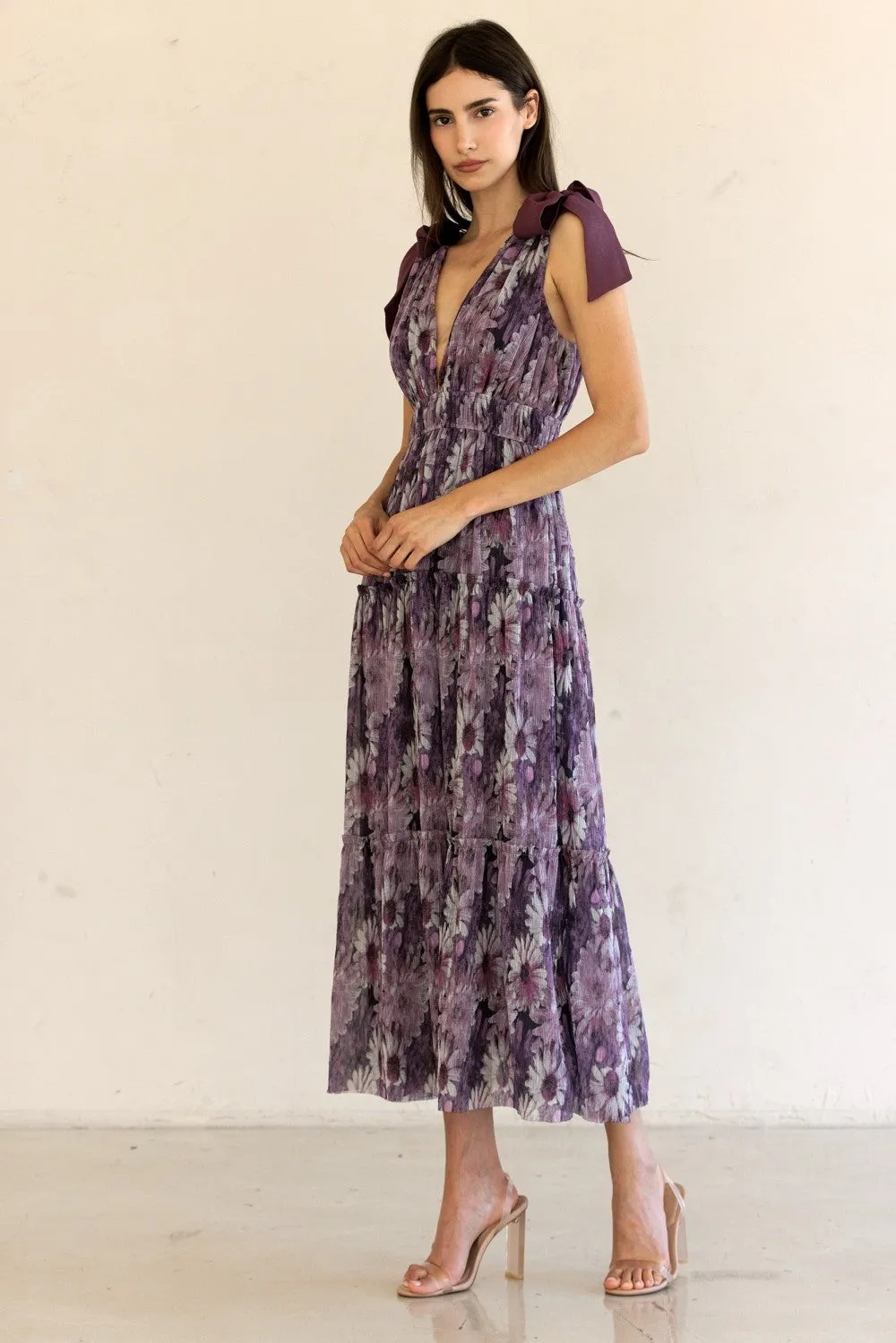 Purple Floral Mesh Deep V-Neck Shoulder Tie Maxi Dress sold by Pinkblush product image thumbnail 3