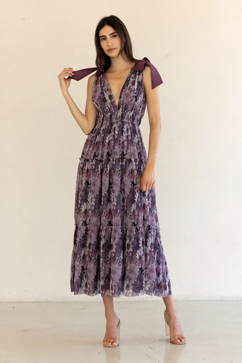 Purple Floral Mesh Deep V-Neck Shoulder Tie Maxi Dress sold by Pinkblush