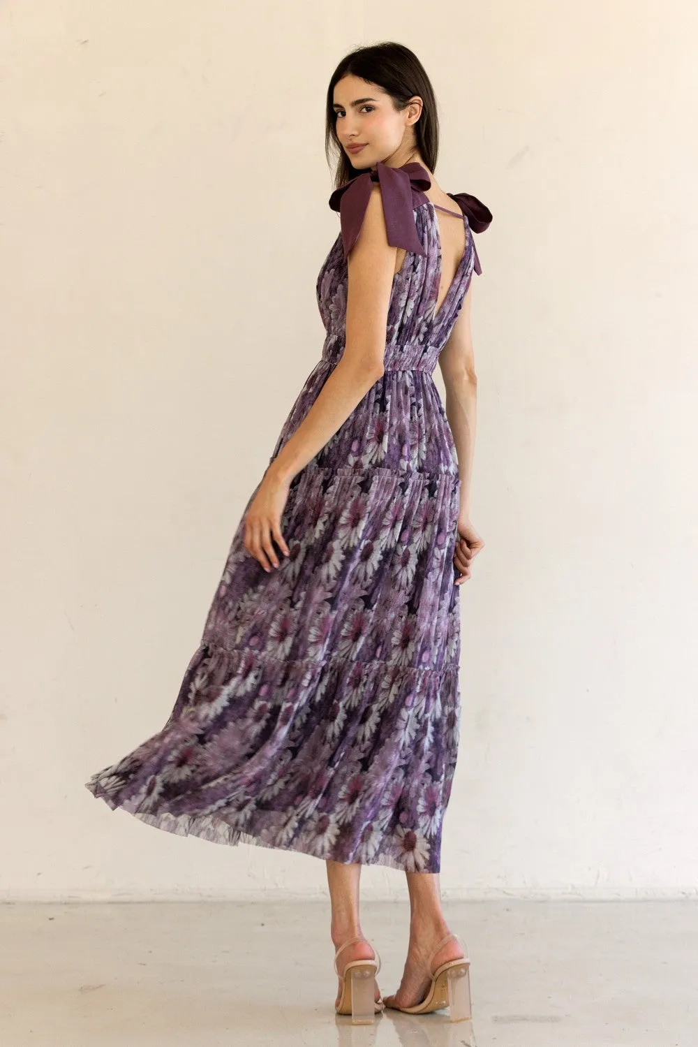 Purple Floral Mesh Deep V-Neck Shoulder Tie Maxi Dress sold by Pinkblush product image thumbnail 4