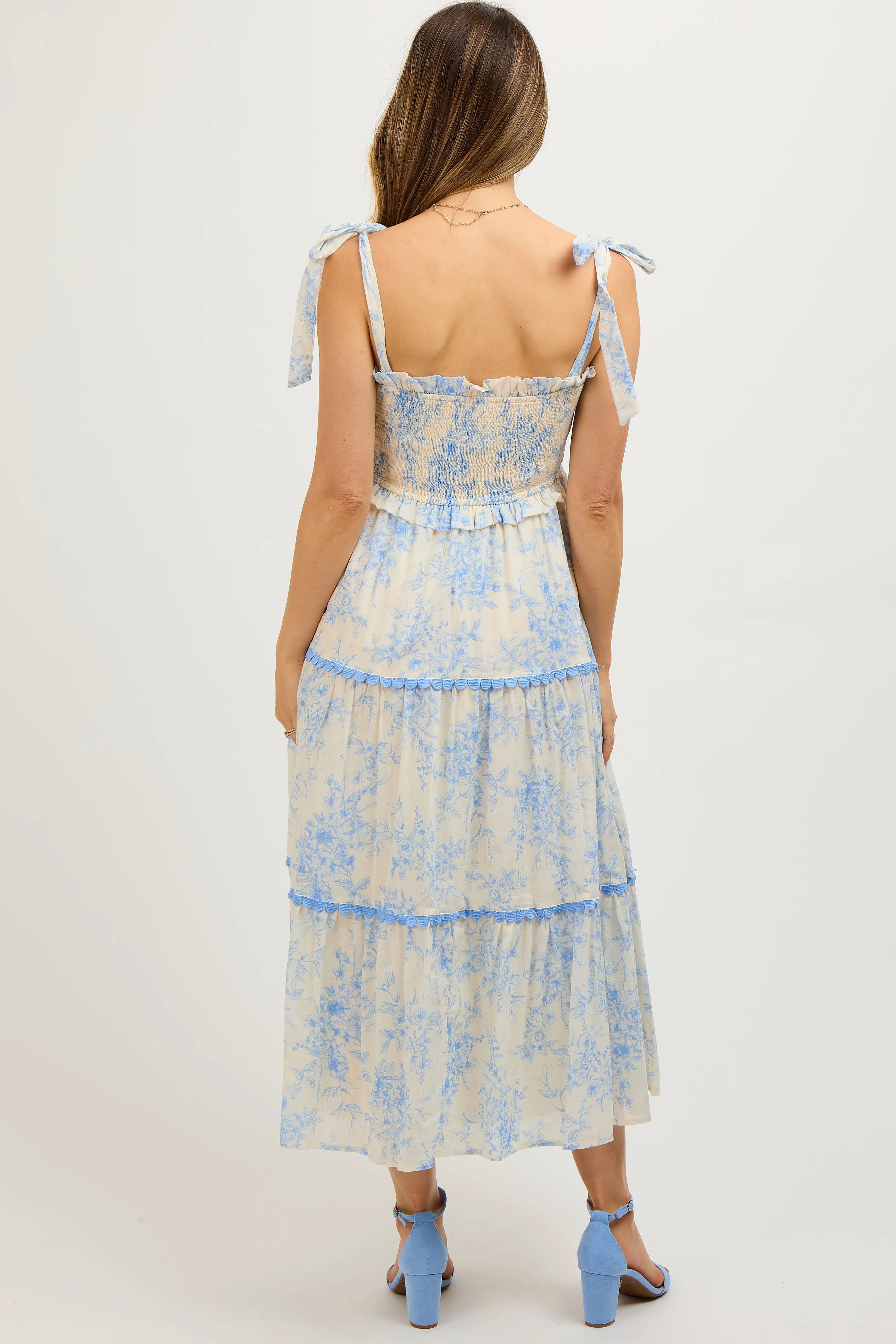 Light Blue Floral Sleeveless Ruffle Tiered Maternity Midi Dress sold by Pinkblush product image thumbnail 3