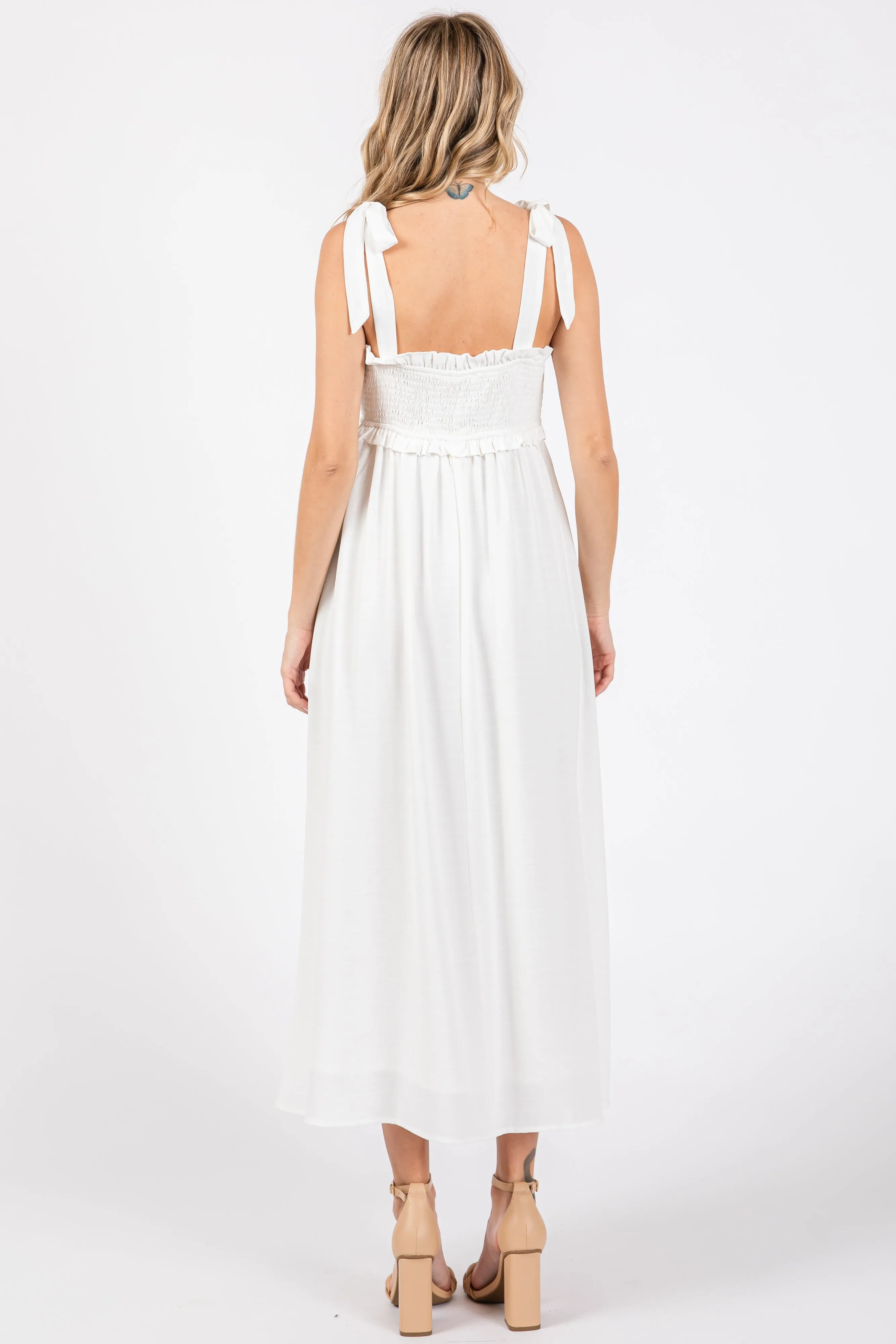 White Ruffle Accent Shoulder Tie Midi Dress sold by Pinkblush product image thumbnail 4