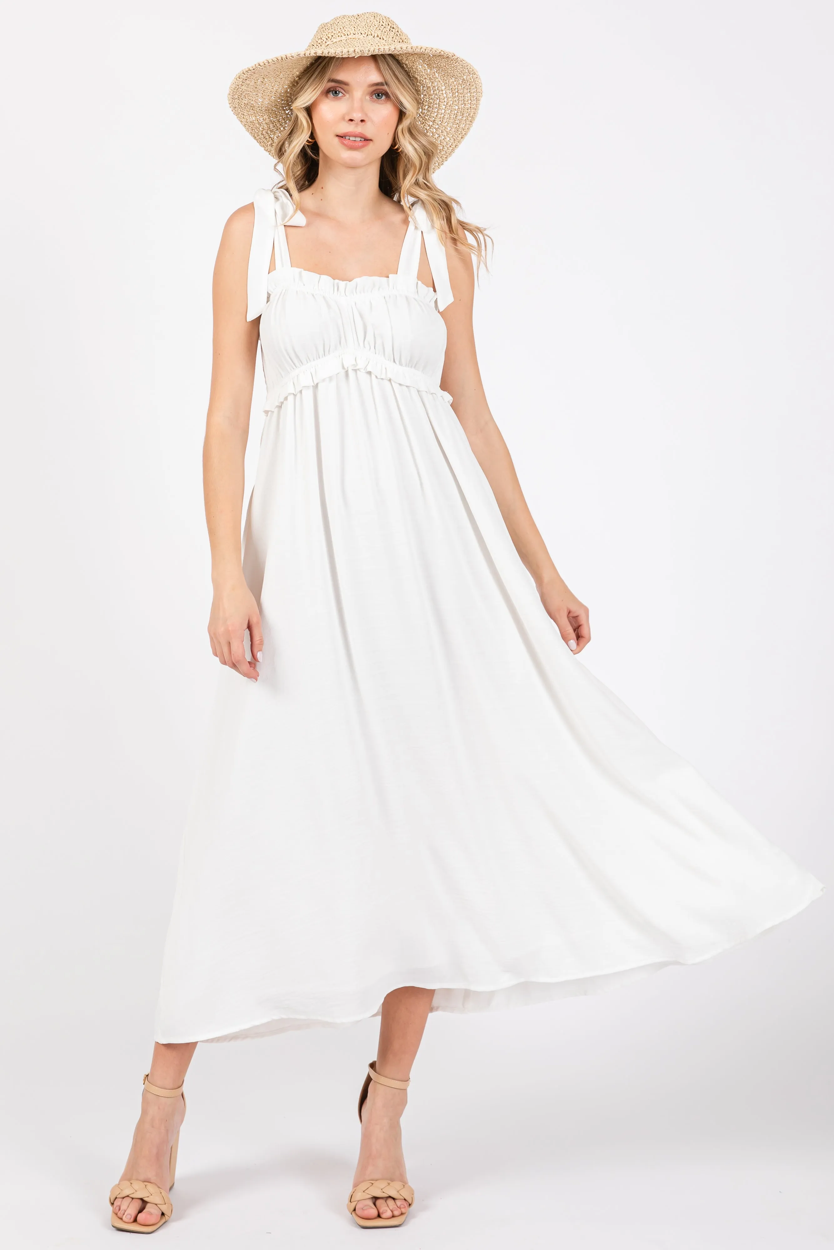 White Ruffle Accent Shoulder Tie Midi Dress sold by Pinkblush